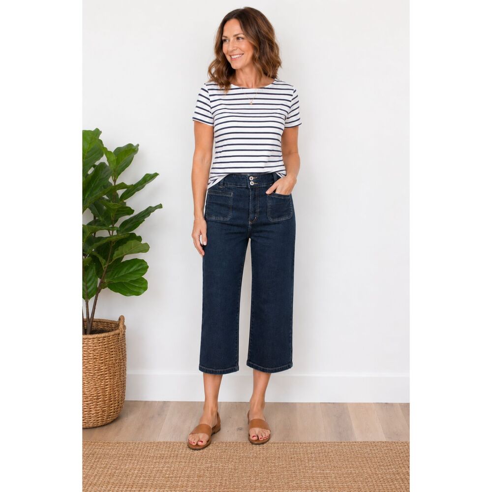 Chico's Platinum 2 L 12 Dark Wash Blue Cropped Straight Leg Double Button Jeans